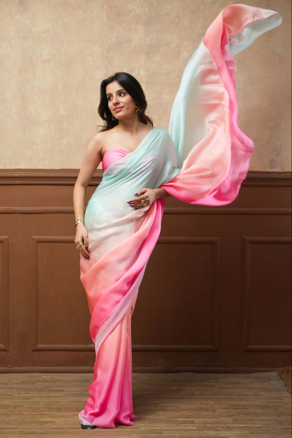 Shop the Candy Blush Triple Shade Glossy Georgette Saree.