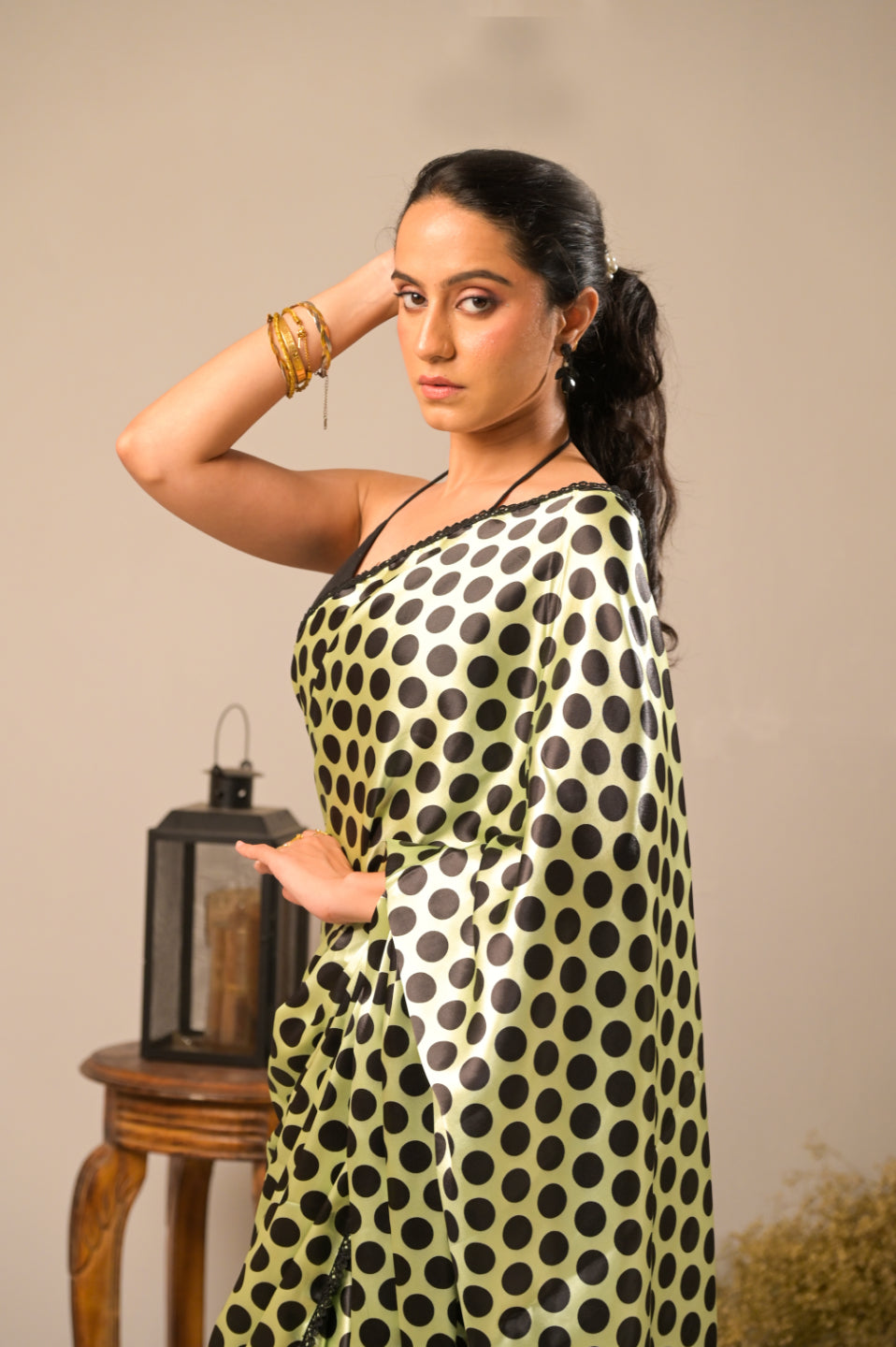 Kiwi Dots Satin Polka Dot Saree