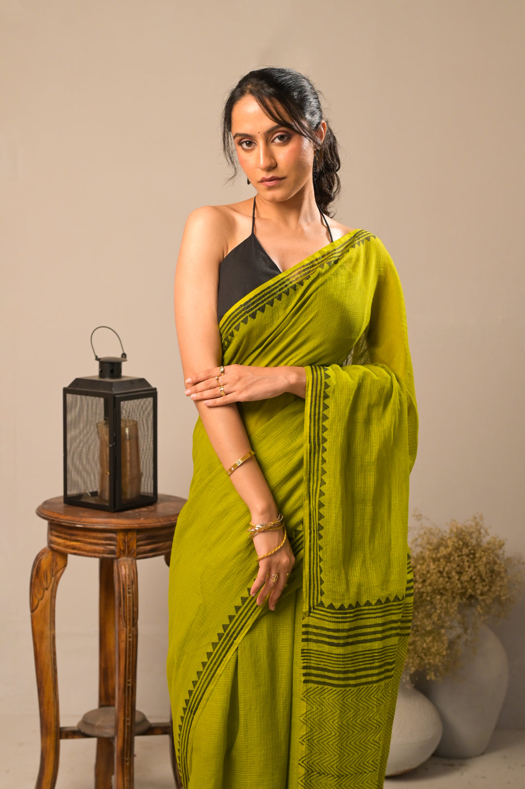 Olive Pine Pure Kota Cotton Hand Block Print Saree
