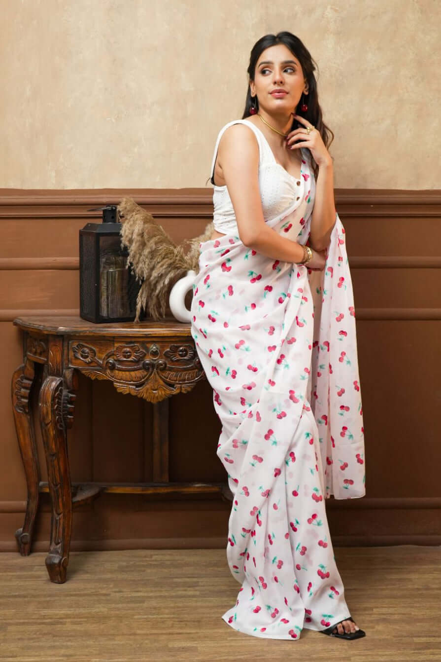 Summer Cherry Digital Print Georgette Saree | 5.80 Meter | One Size