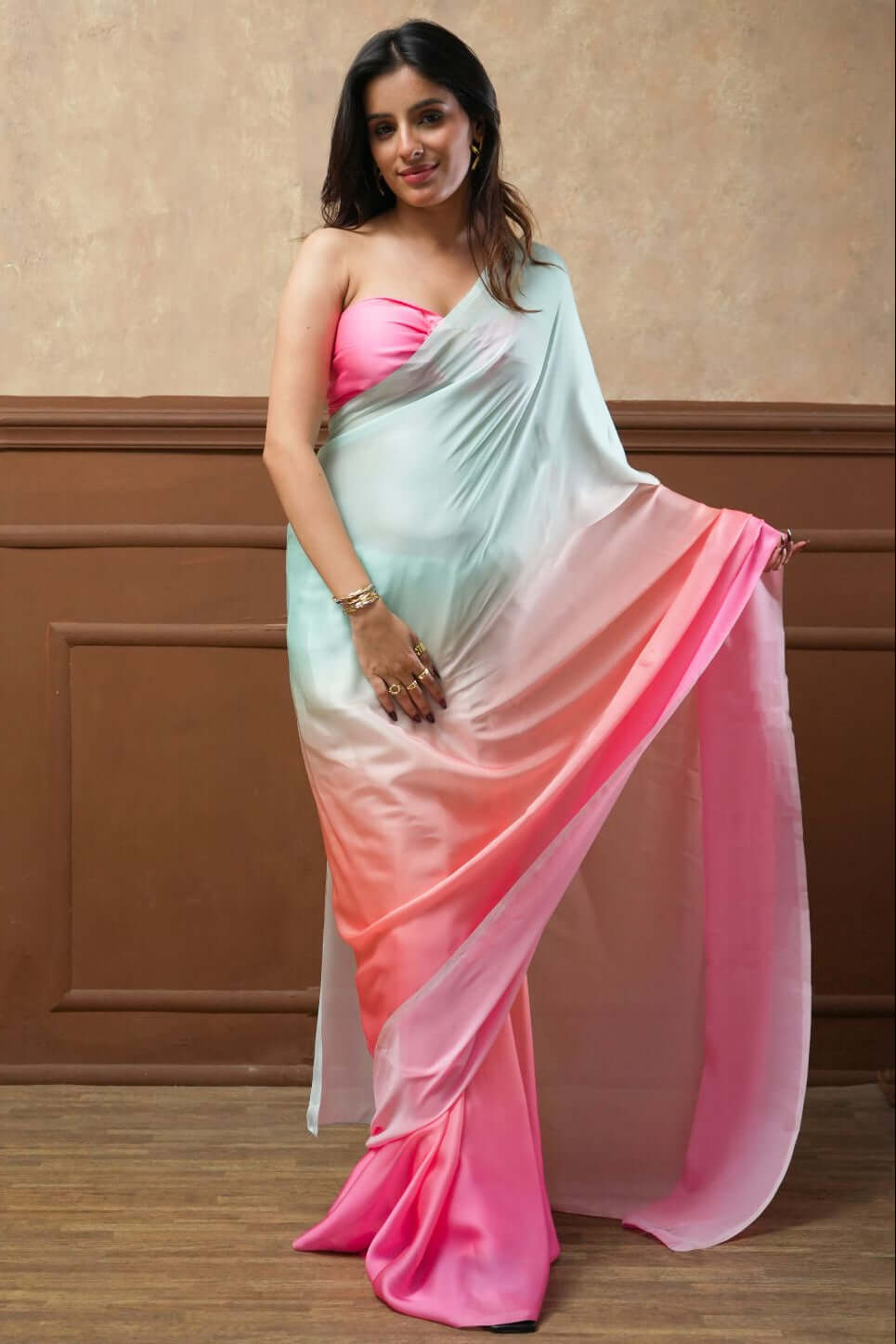Shop the Candy Blush Triple Shade Glossy Georgette Saree.