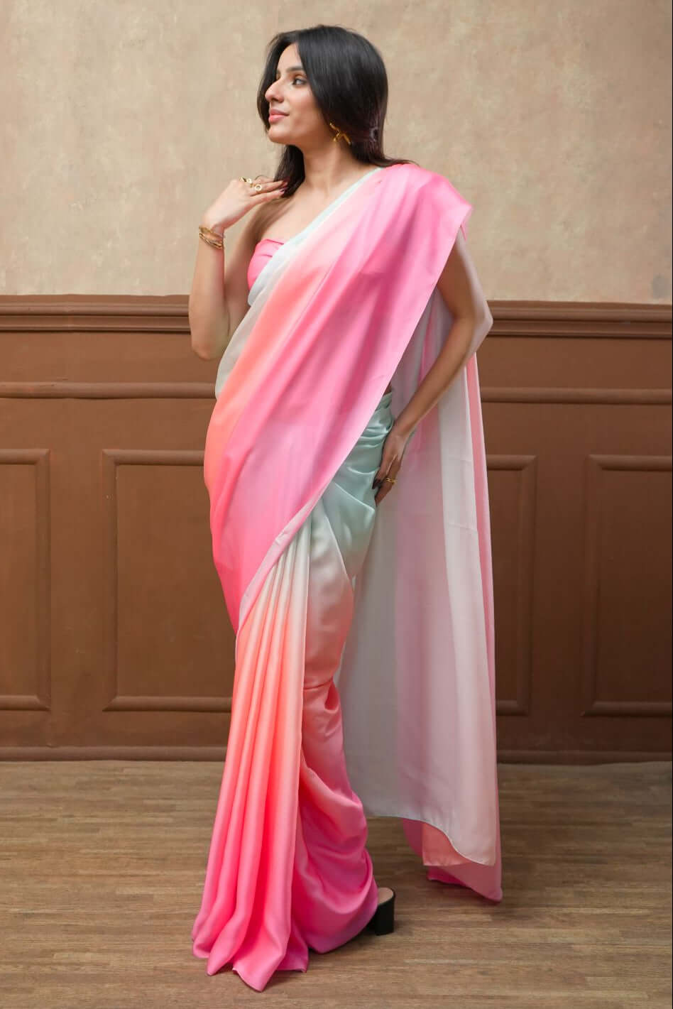 Shop the Candy Blush Triple Shade Glossy Georgette Saree.