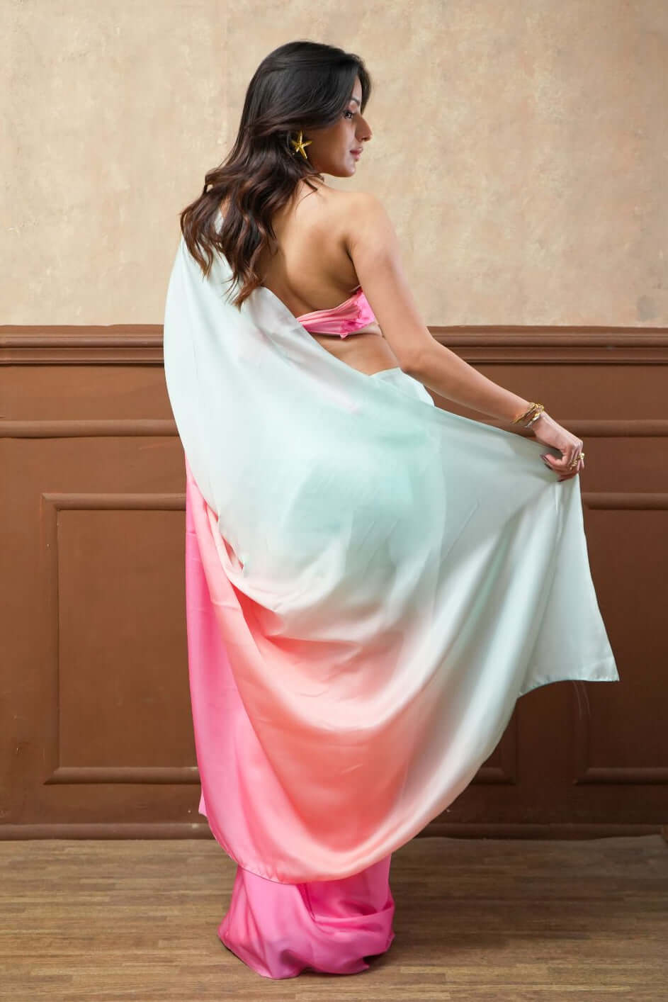 Shop the Candy Blush Triple Shade Glossy Georgette Saree.