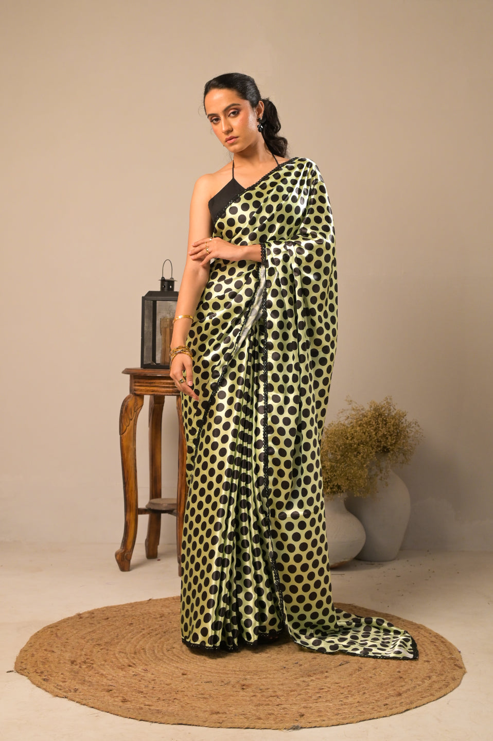 Kiwi Dots Satin Polka Dot Saree