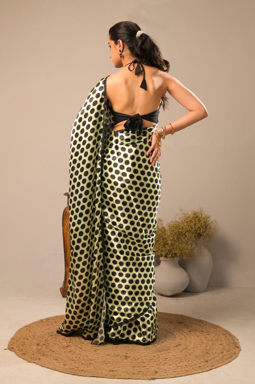 Kiwi Dots Satin Polka Dot Saree