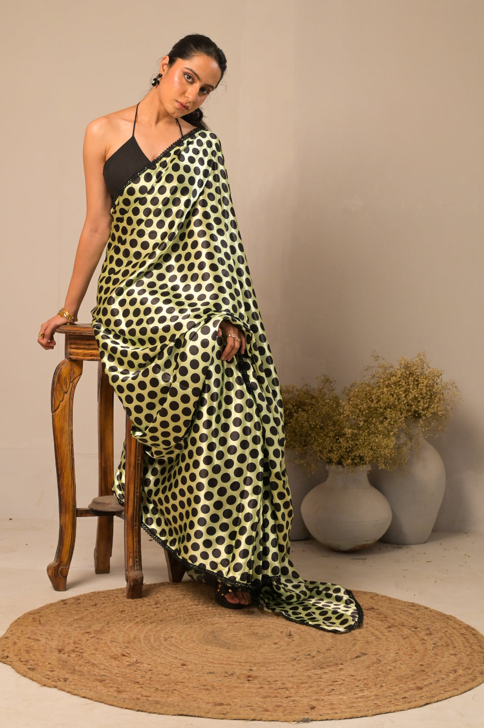 Kiwi Dots Satin Polka Dot Saree