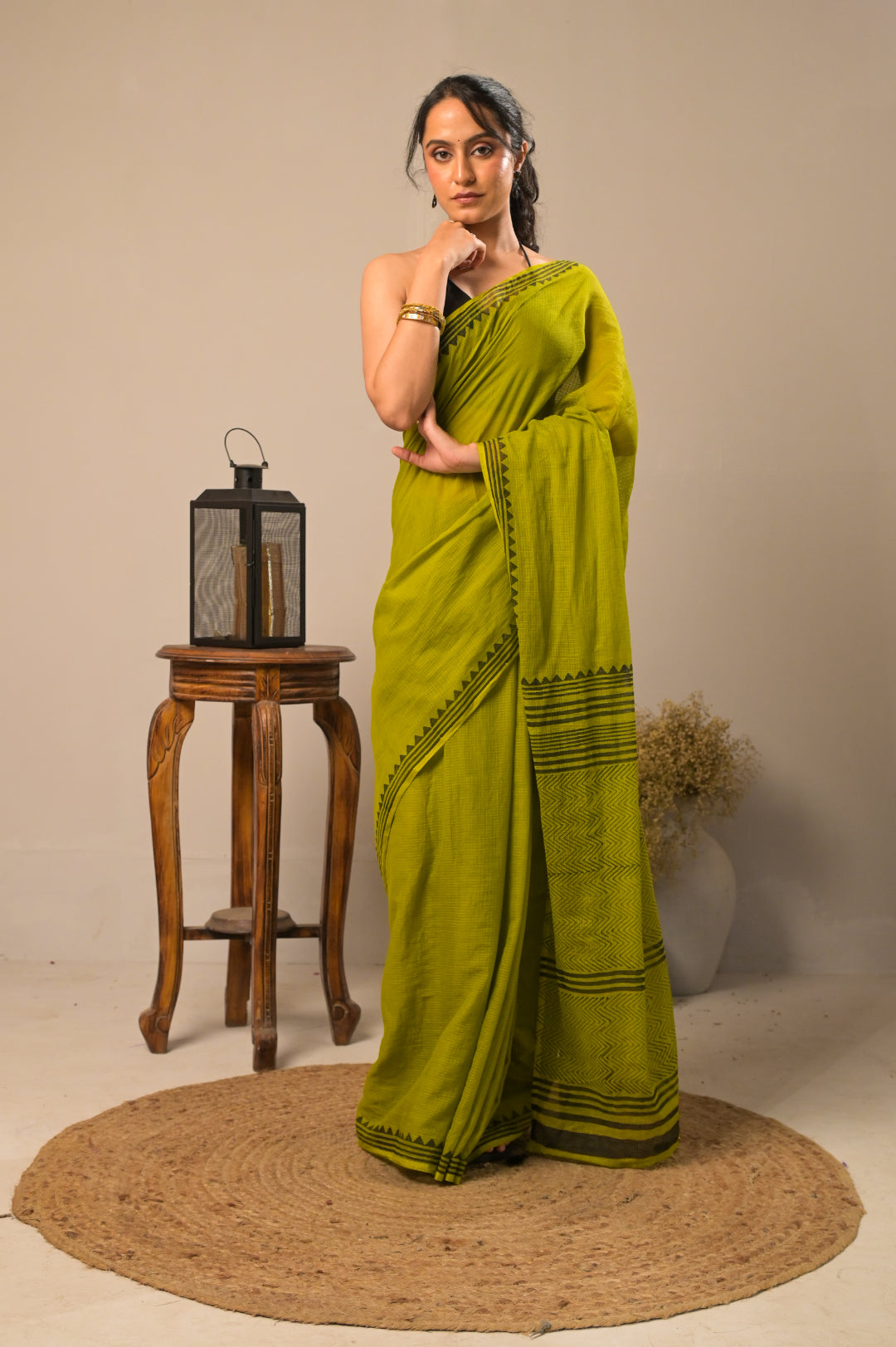 Olive Pine Pure Kota Cotton Hand Block Print Saree