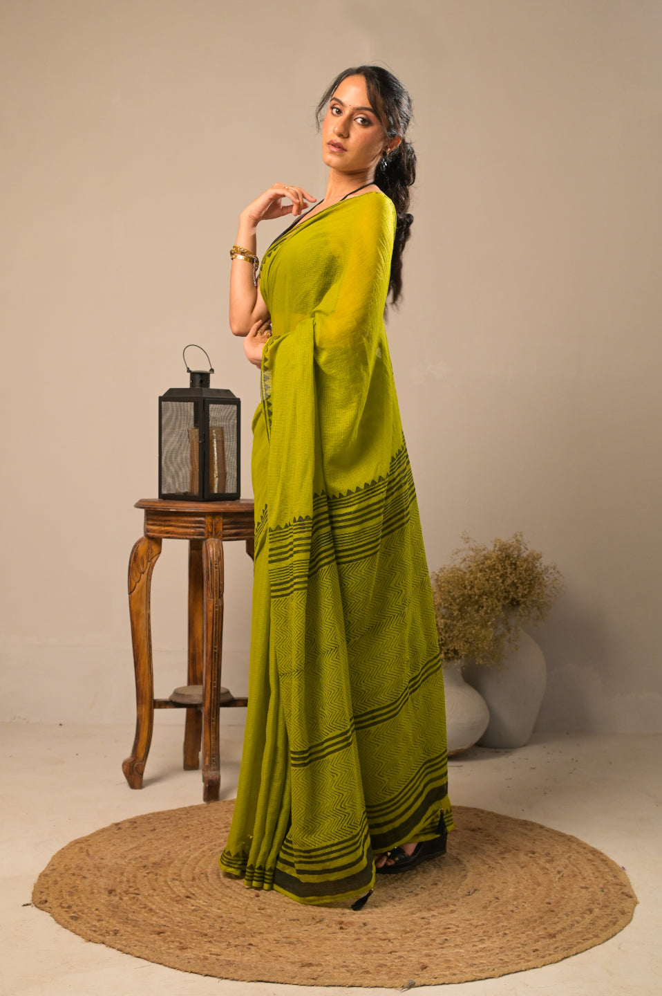 Olive Pine Pure Kota Cotton Hand Block Print Saree