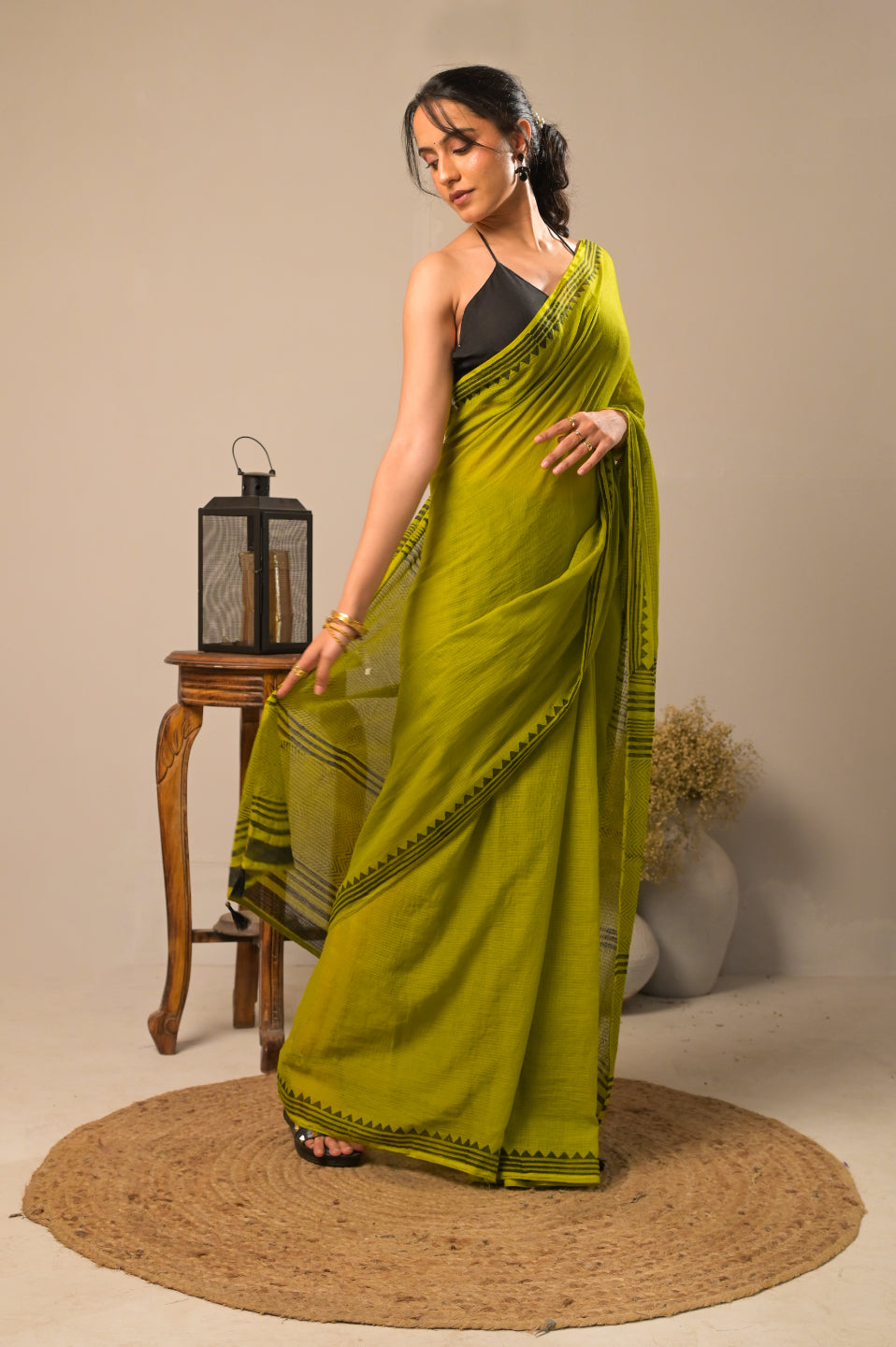 Olive Pine Pure Kota Cotton Hand Block Print Saree