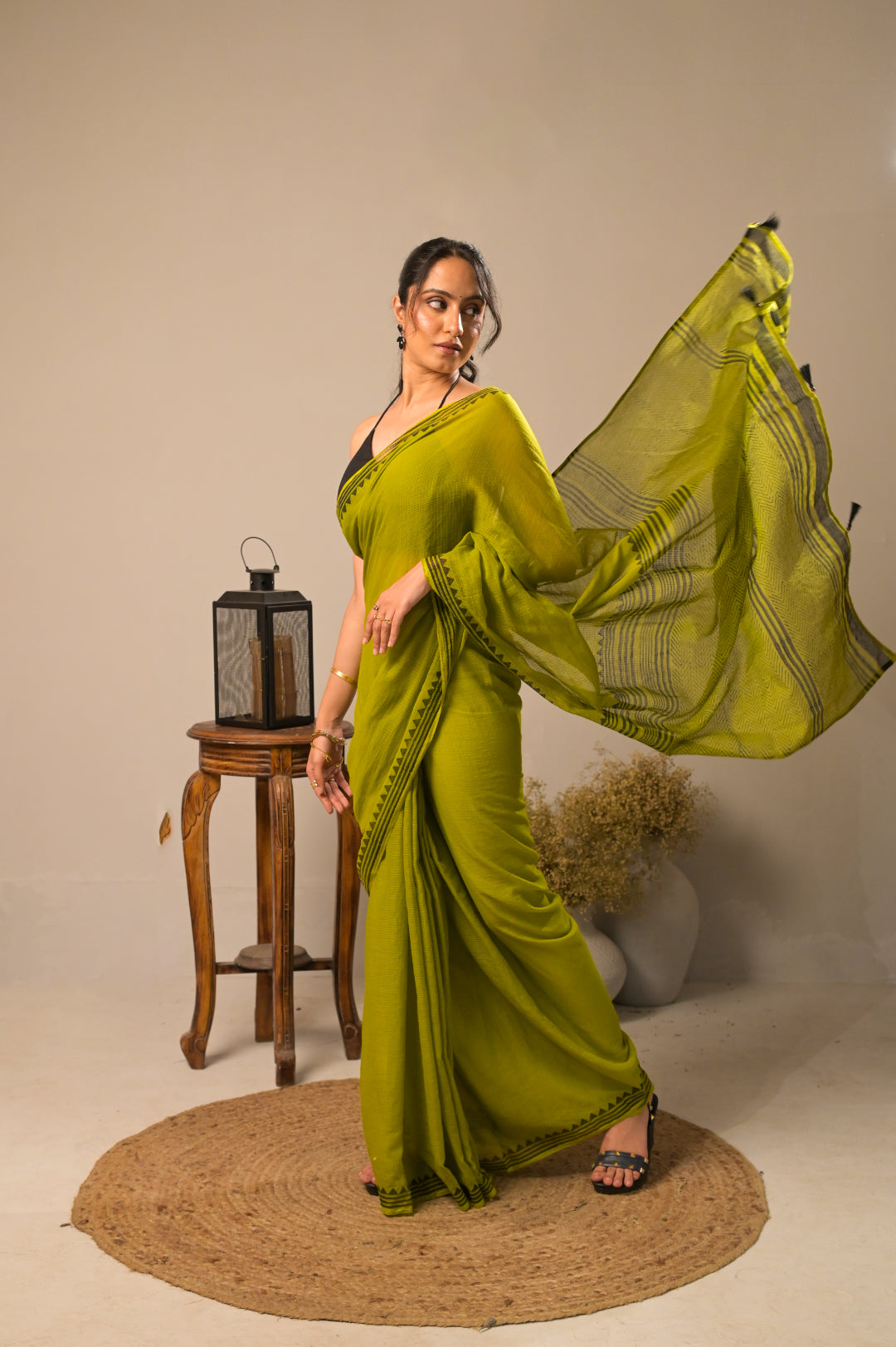 Olive Pine Pure Kota Cotton Hand Block Print Saree
