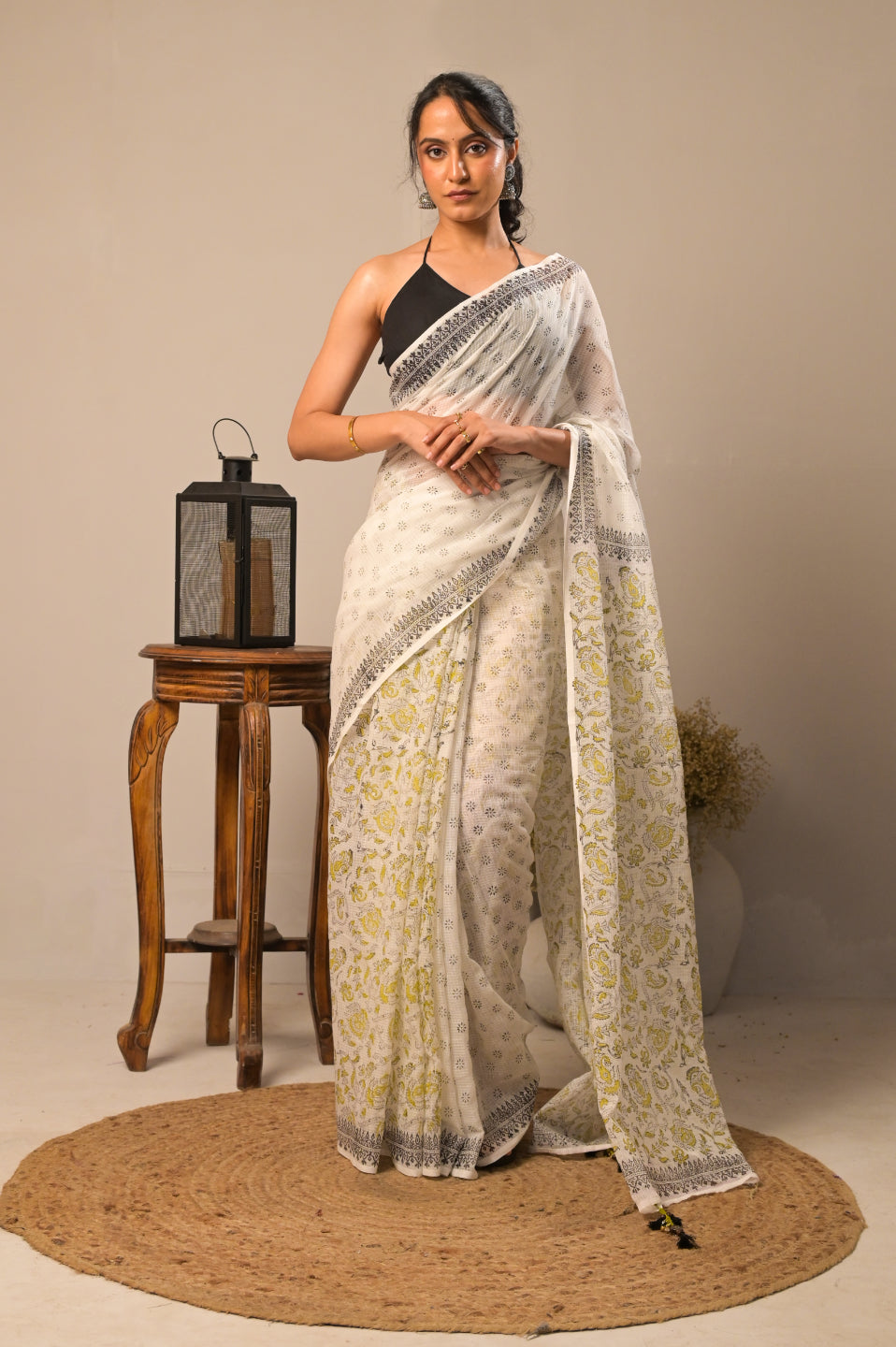 Gulnaar Ivory Pure Kota Cotton Hand Block Print Saree