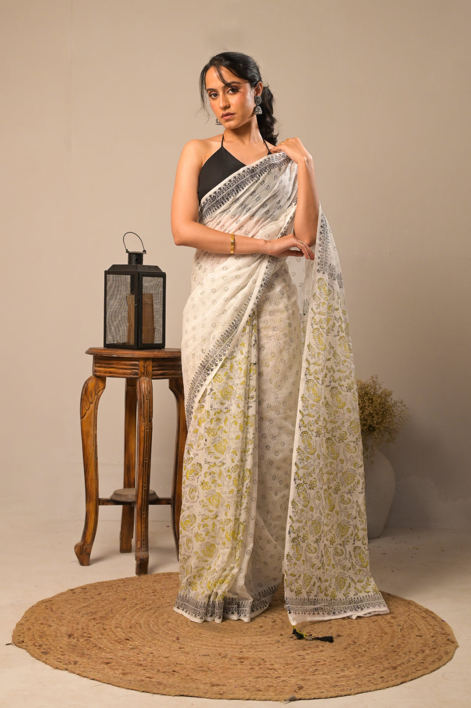 Gulnaar Ivory Pure Kota Cotton Hand Block Print Saree
