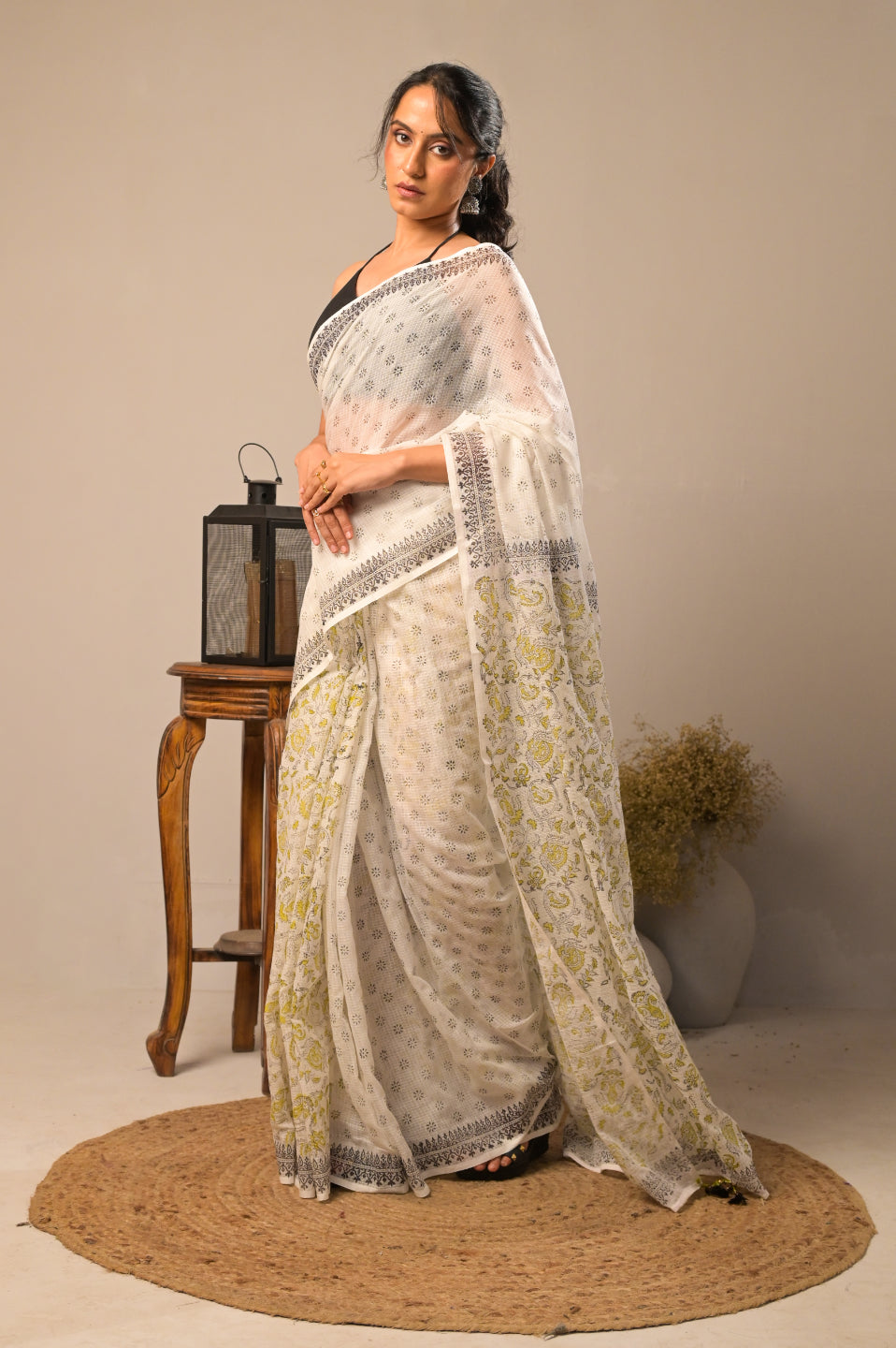Gulnaar Ivory Pure Kota Cotton Hand Block Print Saree