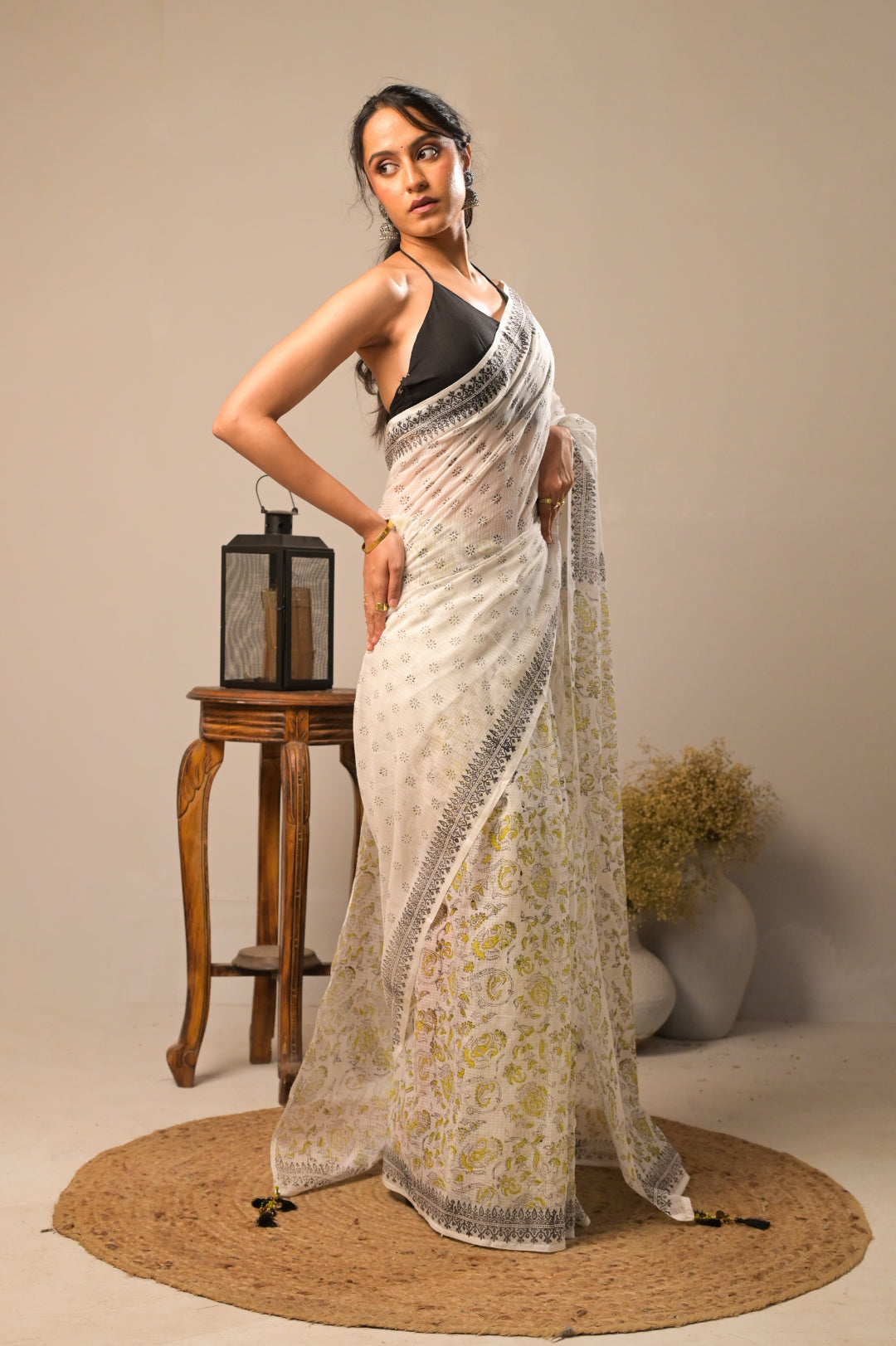 Gulnaar Ivory Pure Kota Cotton Hand Block Print Saree
