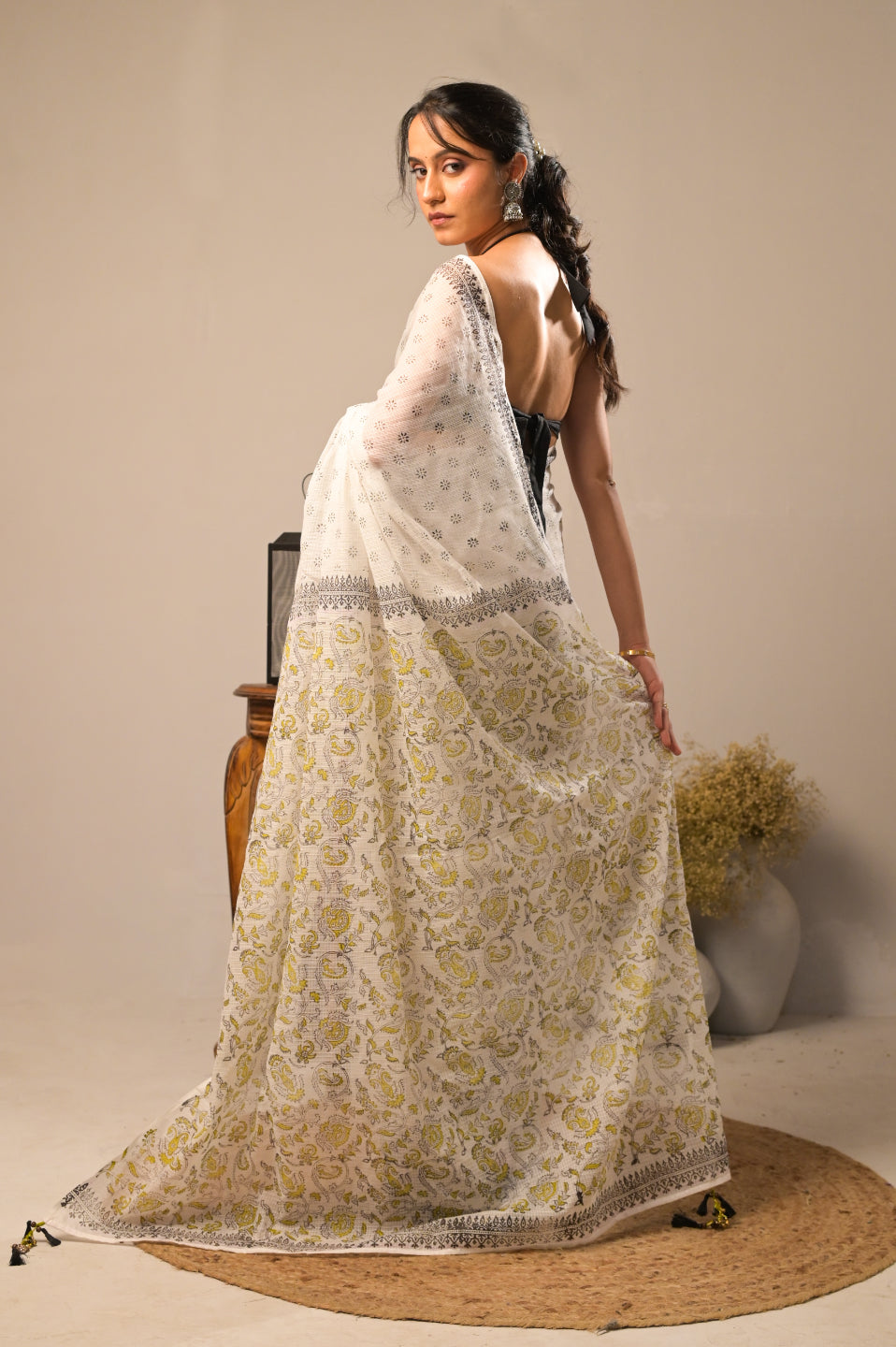 Gulnaar Ivory Pure Kota Cotton Hand Block Print Saree